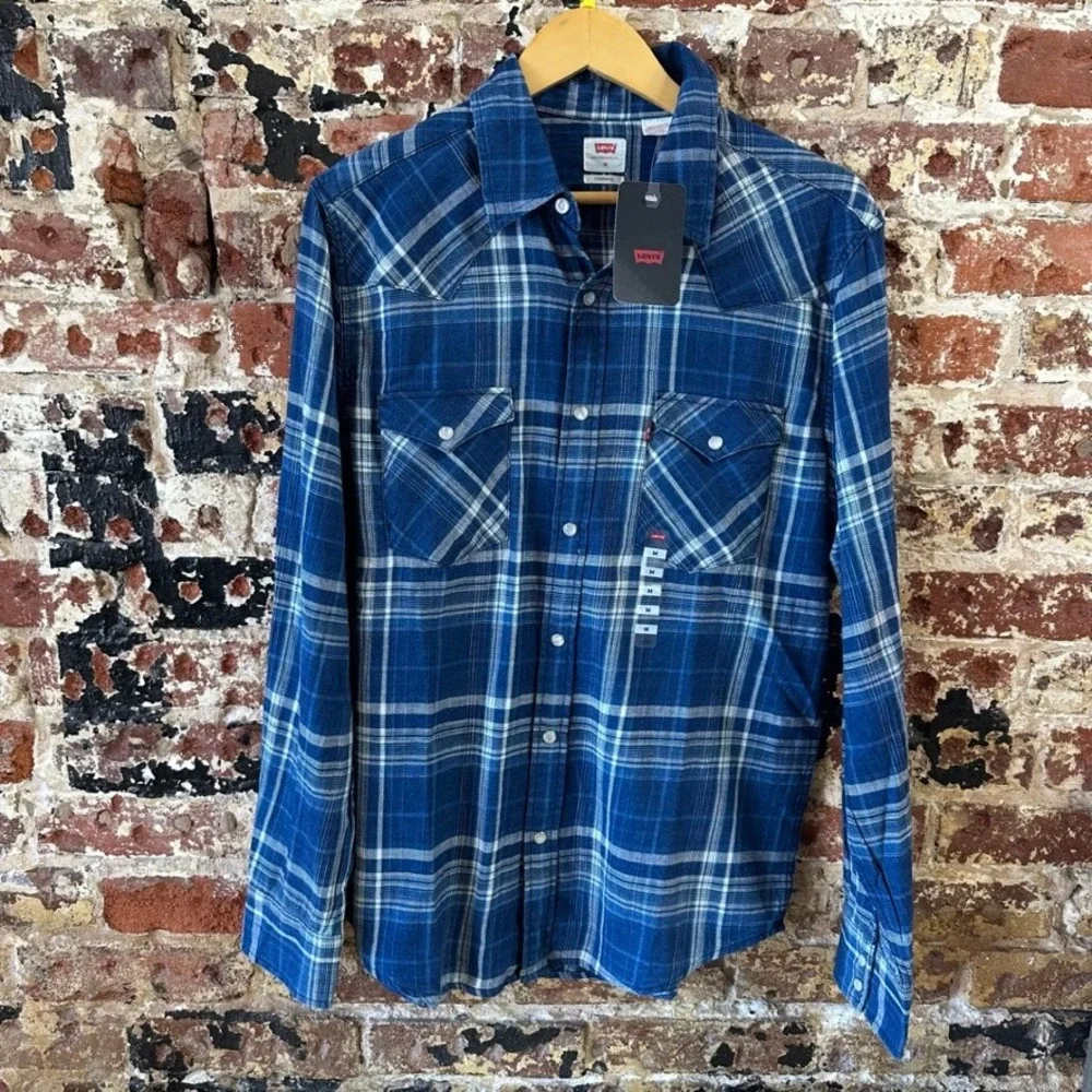 Levis Pearl Snap Shirt Long Sleeve Western Mens Medium Blue Plaid Levi's NEW
